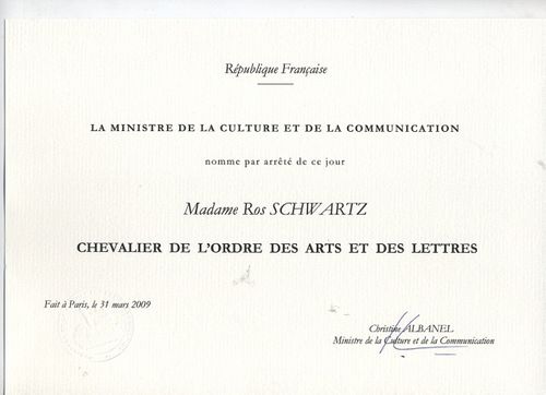 Ros Scwartz Chevalier de L'Ordre des Arts et des Lettres Cert (small) Ros Scwartz Chevalier de L'Ordre des Arts et des Lettres Cert (small)